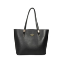 Minimalist black PU leather tote bag with gold lettering and slim double shoulder straps - Black