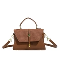 Vintage brown shoulder bag with suede拼接 and gold buckle detail on white background - Brown