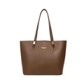 Brown leather tote bag with long shoulder straps and gold FASHION lettering - Brown