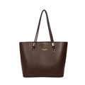 Dark brown retro leather tote bag with elegant golden fashion lettering and long straps - Brown