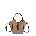 Borsa a secchiello in stile cinese beige testurizzato con manici marroni e dettagli oro - Marrone