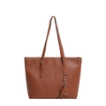 Brown contrast stitch tote bag with leather elephant charm and long shoulder straps - Brown
