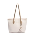 Minimalist beige tote bag with khaki trim and cute elephant charm on white background - White