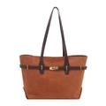 Grote bruine suède shopper voor dames met decoratieve leren riemen en gouden gespen - Bruin