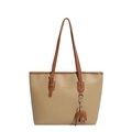 Large khaki tote bag with brown straps and elephant charm for daily office commute - Khaki