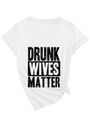 Detail of white V-neck T-shirt with vintage slogan and stylish side knot decoration - S / White (Black Font)