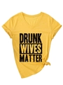 Detail of V-neck yellow cotton T-shirt featuring knotted hem and black letter print - S / Yellow (Black Text)