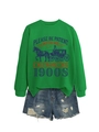 Detail of green crewneck sweatshirt with retro slogan and distressed denim shorts set - S / Grass Green