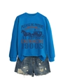 Close-up of retro blue sweatshirt with 1900s slogan and ripped denim shorts set - S / Lake Blue
