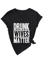 Detail of V-neck cotton T-shirt featuring distressed Drunk Wives Matter print and side knot - Black (White Letters)