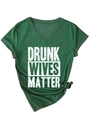 Detail of V-neck short sleeve T-shirt with 'Drunk Wives Matter' print and bottom knot - Retro Green (White Font)