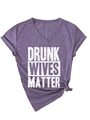 Detail of purple heather V-neck T-shirt with Drunk Wives Matter print and rolled sleeves - Purple (White Font)
