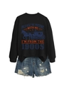 Detail of the vintage print on a black sweatshirt with 1900s horse carriage graphic - Black