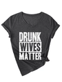Detail of dark grey V-neck t-shirt with knotted hem and Drunk Wives Matter print - Black Marled (White Font)