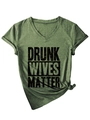 Detail of V-neck T-shirt in olive green with Drunk Wives Matter vintage print and side knot - Olive Green (Black Font)