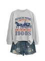 Flat lay of gray sweatshirt with vintage carriage print and distressed denim shorts - Gray
