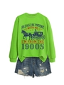 Detail of lime green sweatshirt with retro carriage graphic and vintage text design - Fluorescent Green