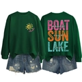 Detailed front and back view of dark green sweatshirt featuring Lake Days print - Dark Green-White Text Print