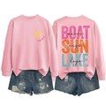 Front and back detail of pink sweatshirt with Lake Days print and ripped denim shorts - Pink-Black Text Print