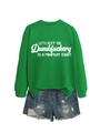 Flat lay of green crewneck sweatshirt with slogan and distressed denim shorts set - S / Grass Green (White Text)