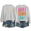 Detailed view of light grey Lake Days sweatshirt and distressed denim shorts set - Grey-Black Text Print
