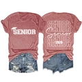Detailed flat lay of Senior 2026 t-shirt with graduation cap print and denim shorts - Rose Gold (White Font)