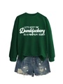 Detail of dark green sweatshirt with slogan text paired with frayed denim shorts - S / Dark Green (White Font)