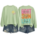 Front and back detail of light green Lake Days sweatshirt with screen printed art - Olive Green-Black Text Print