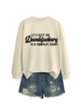 Detail of minimalist beige sweatshirt with slogan and distressed denim shorts - S / Sand (Black Font)