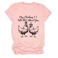 Close-up of pink cotton T-shirt featuring funny chicken graphic and humorous typography - Pink (Black Text)