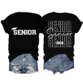 Flat lay of the front and back of a black Senior 2026 t-shirt with blue denim shorts - Black (White Font)