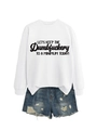 Flat lay of a white sweatshirt with slogan paired with distressed denim shorts - S / White (Black Font)