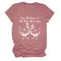 Macro view of pink cotton T-shirt featuring funny chicken graphic and cursive text print - Rose Gold (White Text)