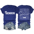 Front and back view of a blue Senior 2026 t-shirt with graduation cap print and denim shorts - Vintage Blue (White Font)