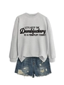 Flat lay of gray sweatshirt with slogan and distressed denim shorts ensemble - S / Grey (Black Font)