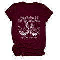 Detail of burgundy T-shirt with My Chickens Talk Shit About You graphic print - Wine Red (White Text)