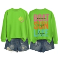 Flat lay of neon green Lake Days sweatshirt and distressed denim shorts set back view - Fluorescent Green-Black Print