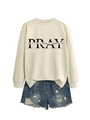 Detail of cream sweatshirt with Pray For It print and distressed denim shorts - Sand (Black Font)