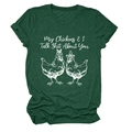 Close-up of heather green T-shirt featuring My Chickens & I Talk Shit About You print - Retro Green (White Text)