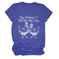 Detail of purple heather t-shirt with funny chicken graphic and bold creative slogan - Retro Blue (White Text)