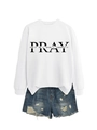 Detail of white cotton sweatshirt with PRAY lettering and ripped denim shorts set - White (Black Font)
