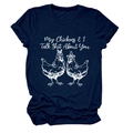 Detail of navy t-shirt featuring chickens and My Chickens & I Talk Shit About You text - Navy Blue (White Text)