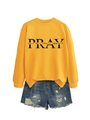 Detail of yellow round neck sweatshirt with Pray For It print and denim shorts set - Yellow (Black Font)