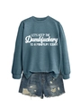 Navy crewneck sweatshirt with slogan and distressed denim shorts flat lay outfit - S / Blue (White Font)