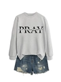 Detail of grey crewneck sweatshirt with PRAY lettering and ripped denim shorts - Grey (Black Font)
