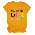 Detail of ginger crewneck t-shirt featuring 'But did you TAKE ATTENDANCE' graphic print - Mustard Yellow (Black Text) / S