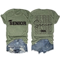 Front and back view of Senior 2026 graduation T-shirt with distressed denim shorts - Olive Green (Black Font)