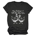 Detail of screen-printed chickens and funny text on a dark grey short sleeve t-shirt - Heather Charcoal (White Text)