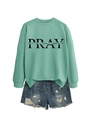 Close-up of mint green hoodie with PRAY print and distressed blue denim shorts set - Light Green (Black Font)