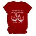 Detail of funny chicken graphic and text printed on dark red cotton crewneck t-shirt - Red (White Text)